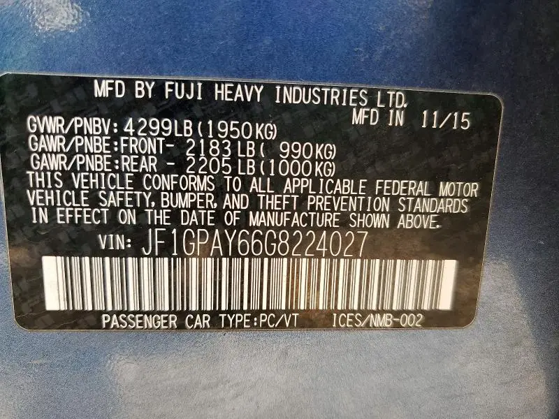 2016 SUBARU IMPREZA SPORT LIMITED  