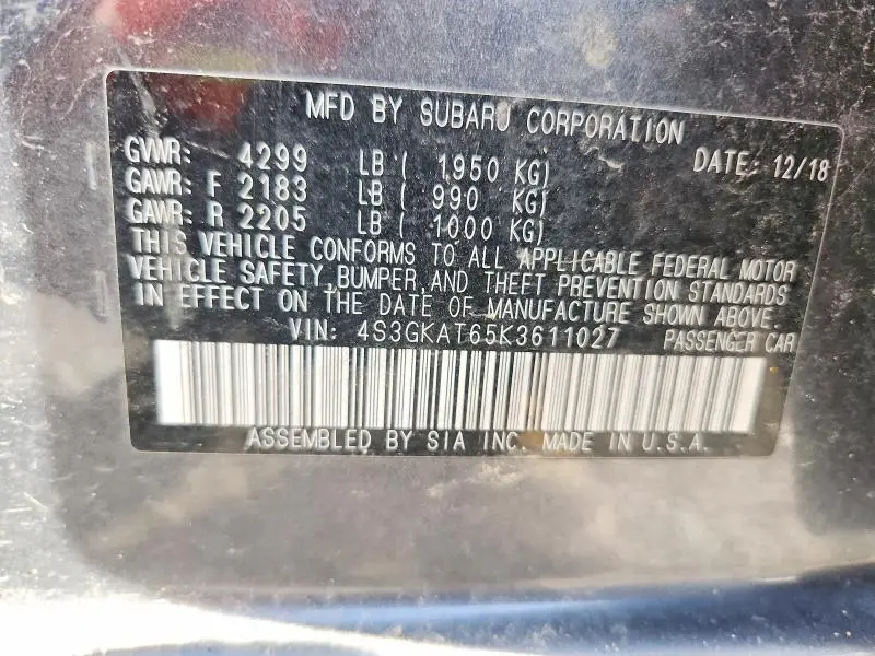 2019 SUBARU IMPREZA LIMITED  