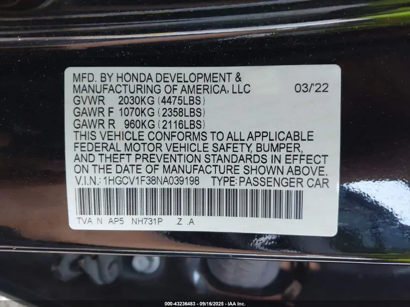 2022 HONDA ACCORD SPORT