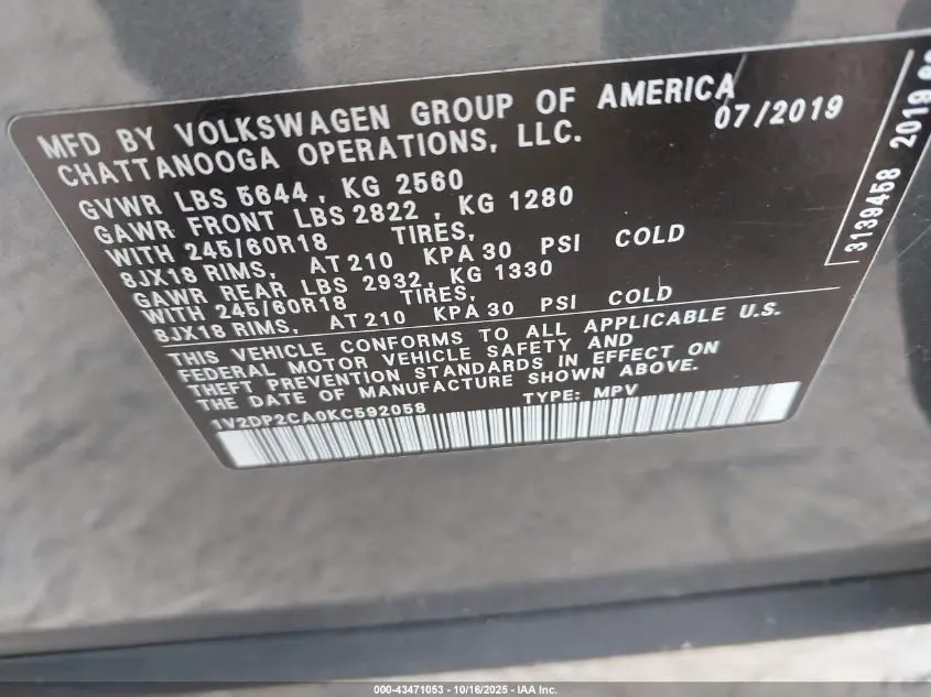 2019 VOLKSWAGEN ATLAS 2.0T SE