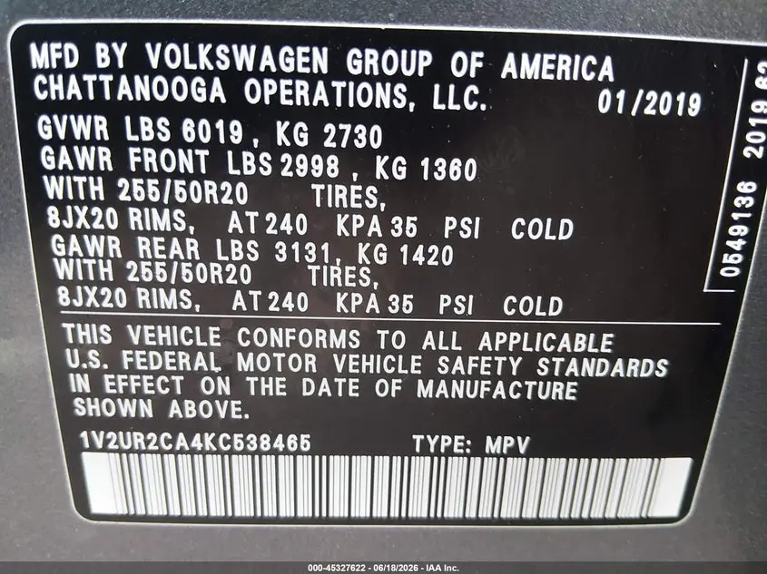 2019 VOLKSWAGEN ATLAS 3.6L V6 SE W/TECHNOLOGY