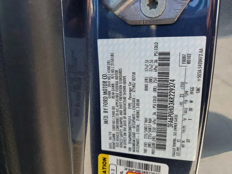 2019 FORD FUSION SE  