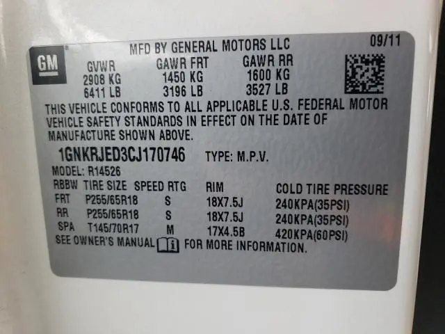 2012 CHEVROLET TRAVERSE LT  