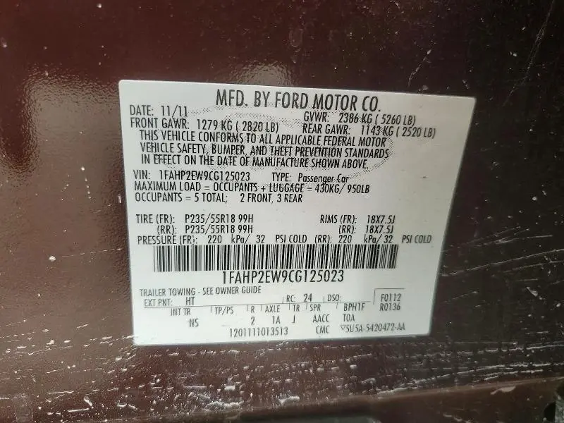 2012 FORD TAURUS SEL  