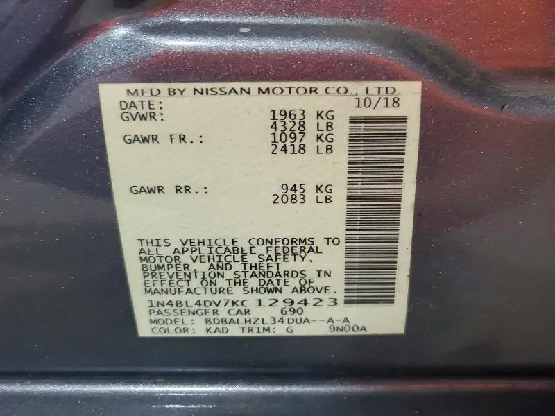 2019 NISSAN ALTIMA SV  