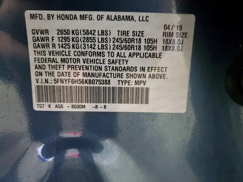 2019 HONDA PILOT EXL  