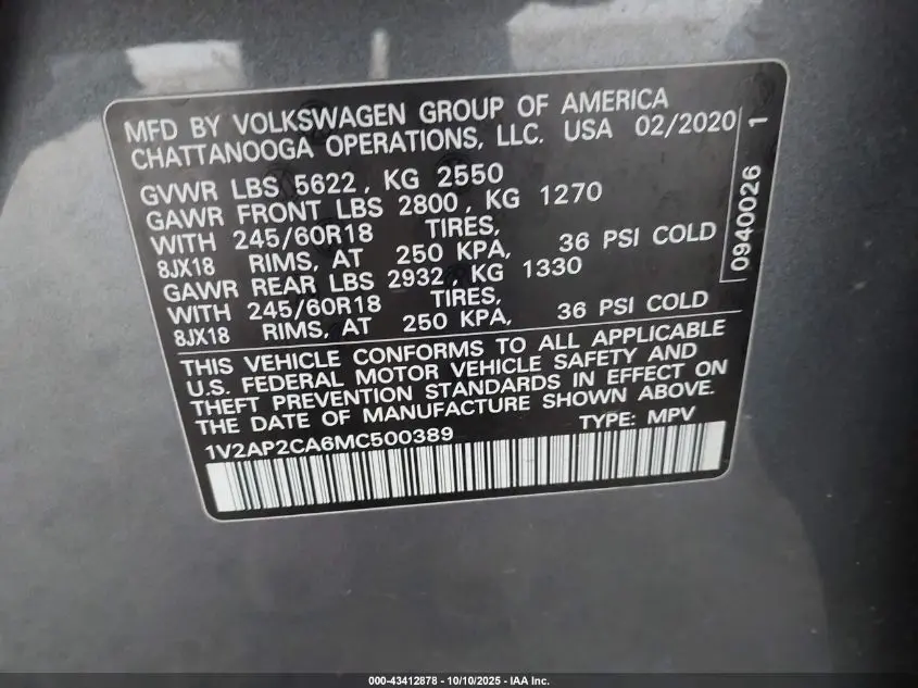 2021 VOLKSWAGEN ATLAS 2.0T S