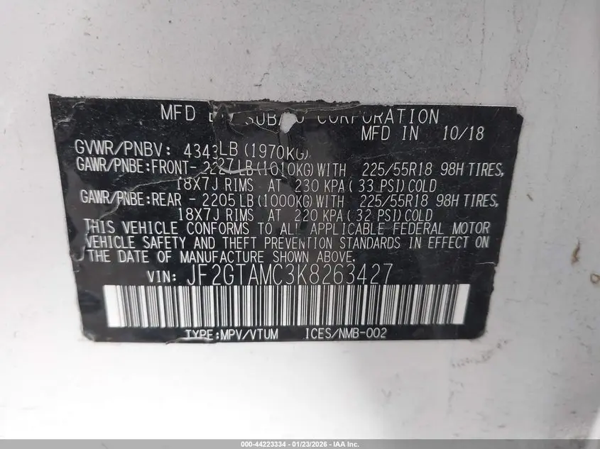 2019 SUBARU CROSSTREK 2.0I LIMITED