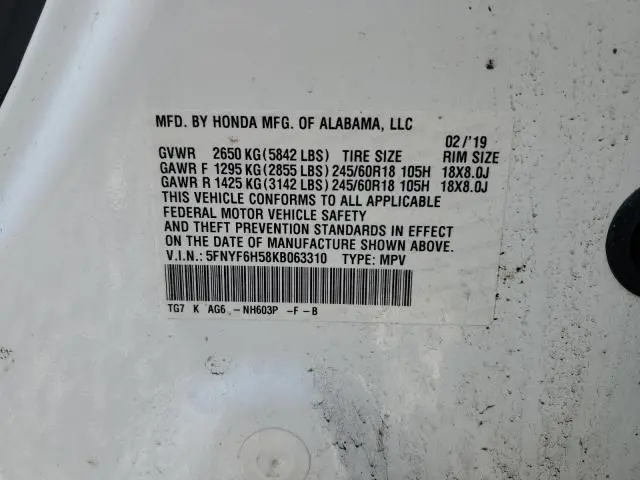 2019 HONDA PILOT EXL  