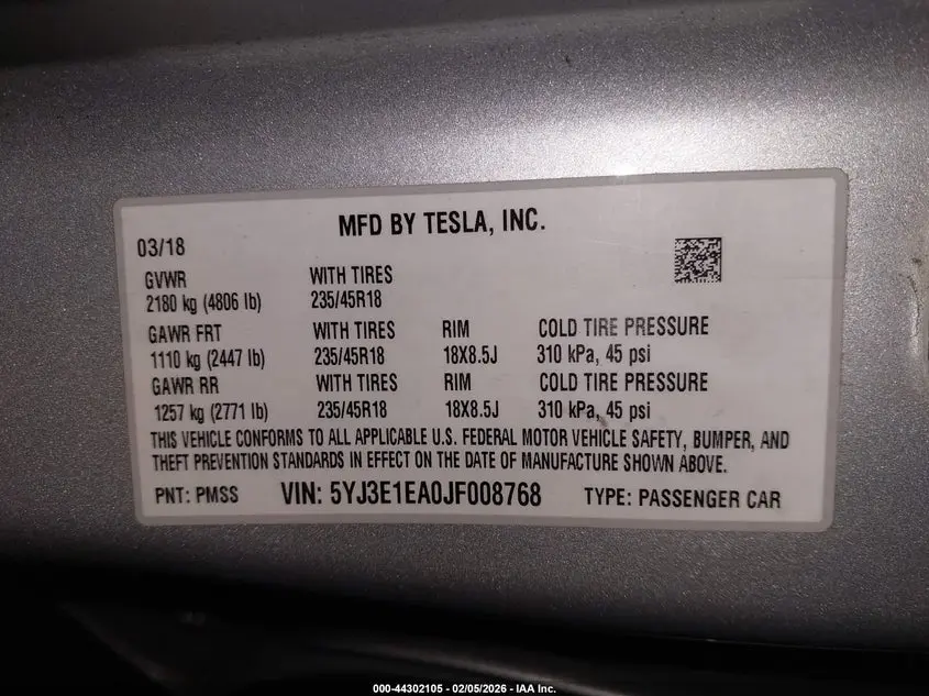 2018 TESLA MODEL 3 LONG RANGE/MID RANGE