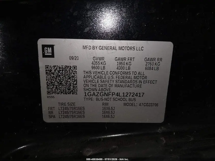 2020 CHEVROLET EXPRESS PASSENGER RWD 3500 EXTENDED WHEELBASE LS