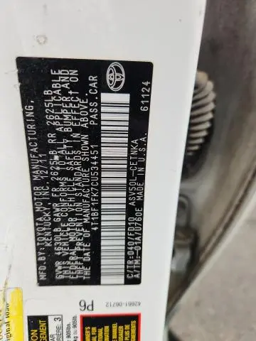 2012 TOYOTA CAMRY BASE  