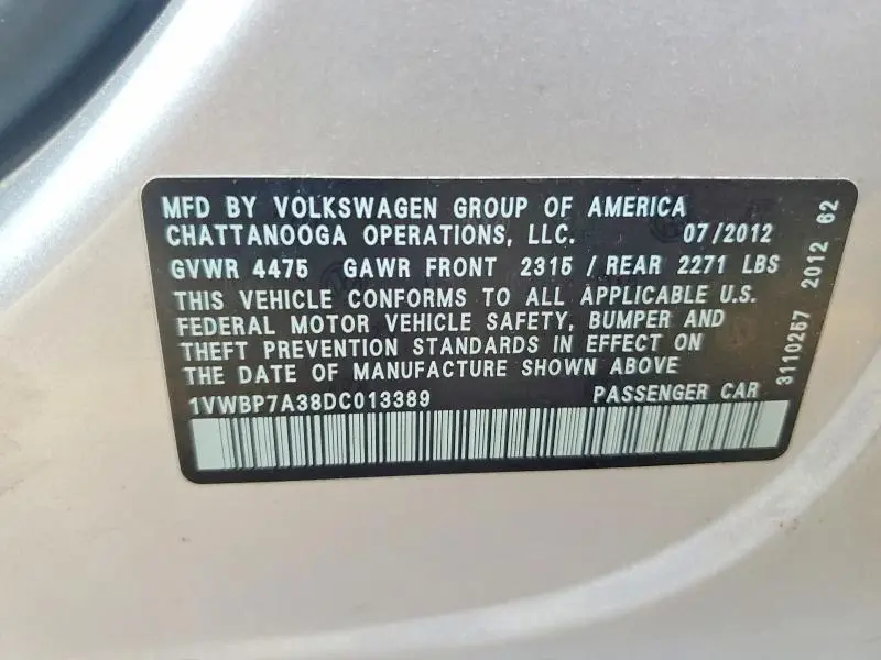 2013 VOLKSWAGEN PASSAT SE  
