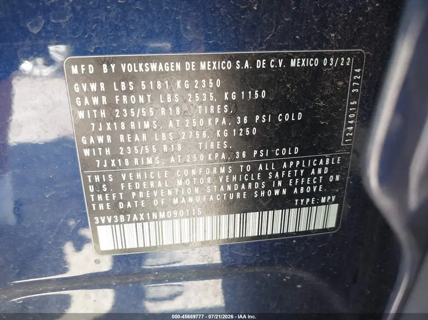 2022 VOLKSWAGEN TIGUAN 2.0T SE