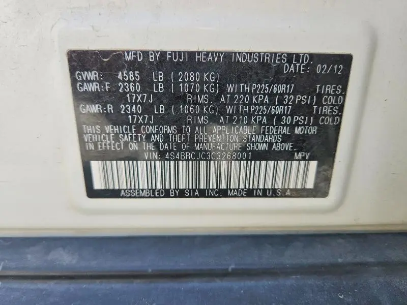 2012 SUBARU OUTBACK 2.5I LIMITED  