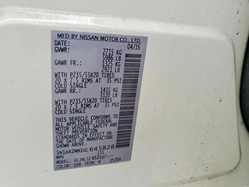 2016 NISSAN PATHFINDER PLATINUM  