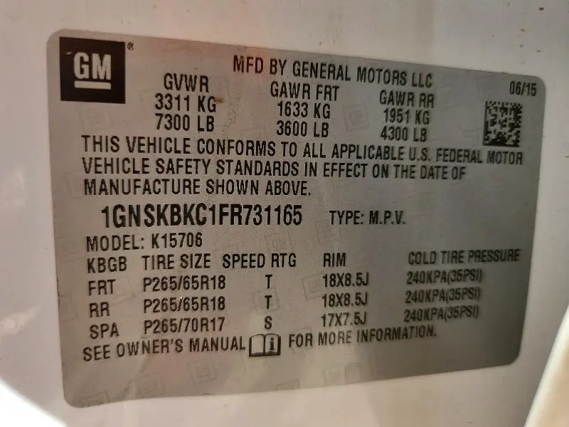 2015 CHEVROLET TAHOE K1500 LT  