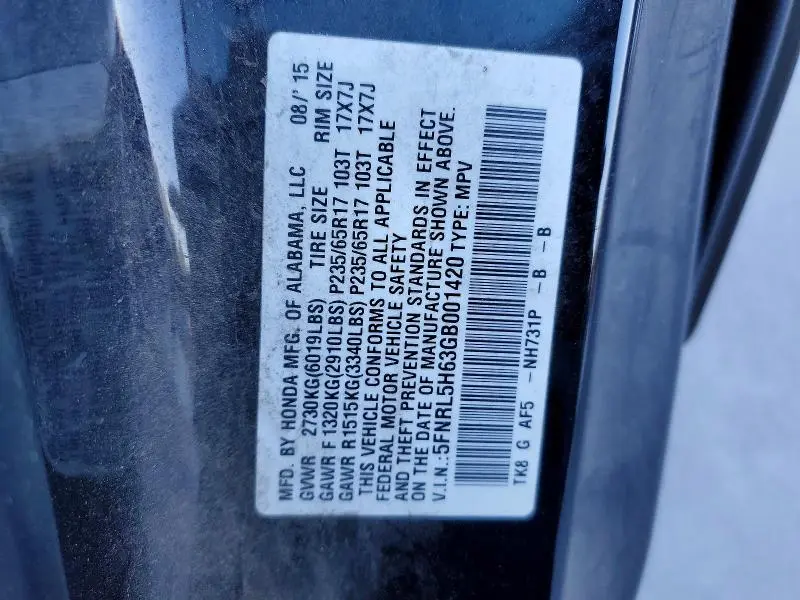 2016 HONDA ODYSSEY EXL  