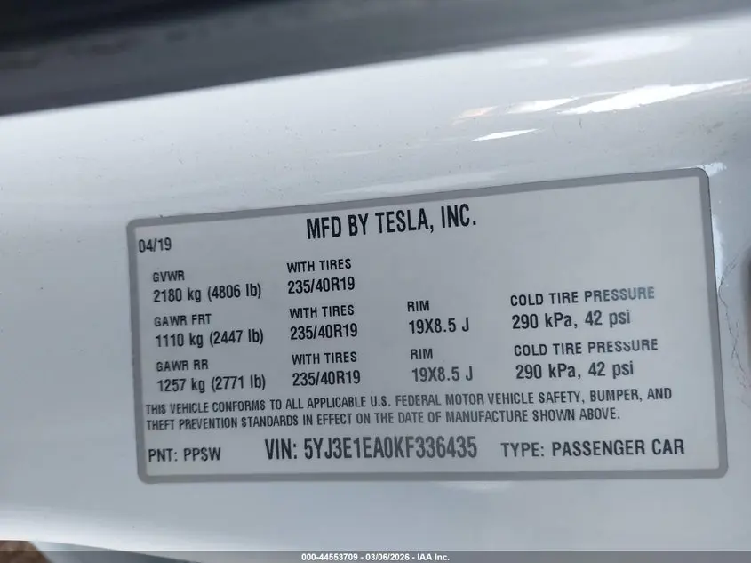 2019 TESLA MODEL 3 LONG RANGE/MID RANGE/STANDARD RANGE/STANDARD RANGE PLUS