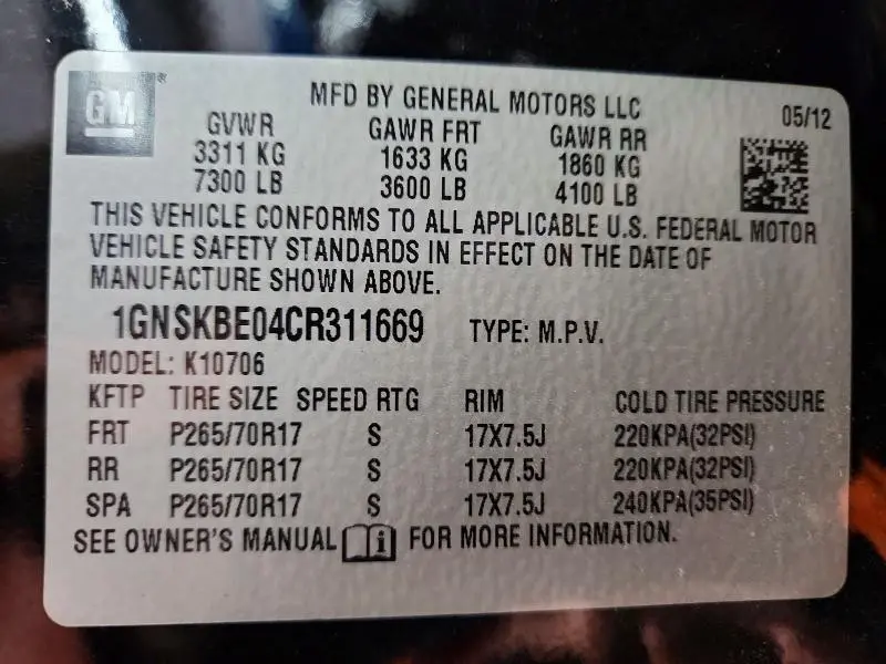 2012 CHEVROLET TAHOE K1500 LT  