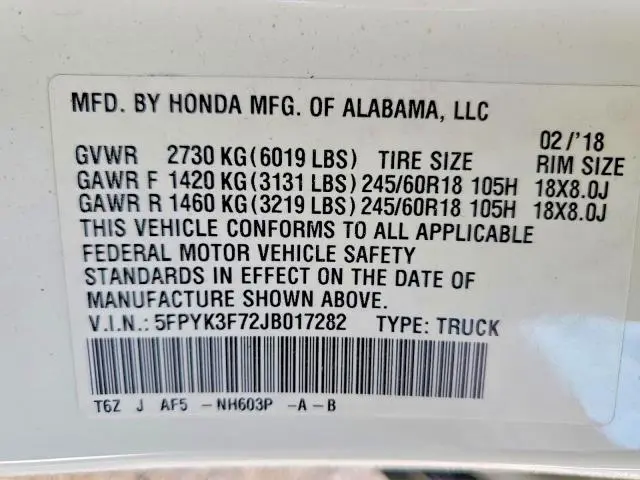 2018 HONDA RIDGELINE RTL  