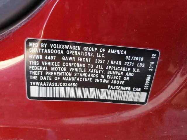 2018 VOLKSWAGEN PASSAT S  