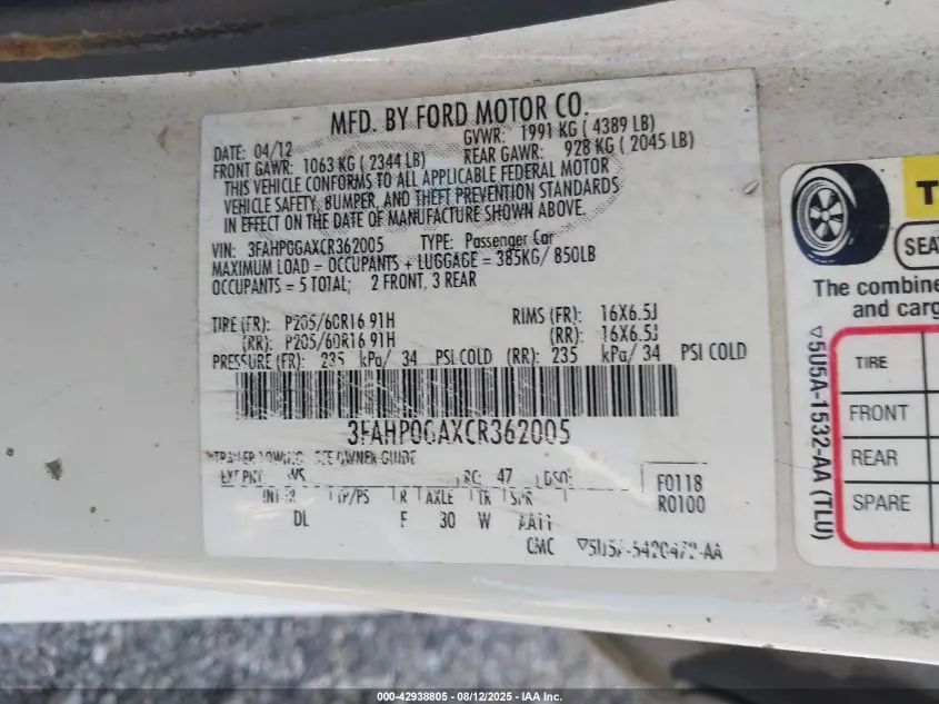 2012 FORD FUSION S