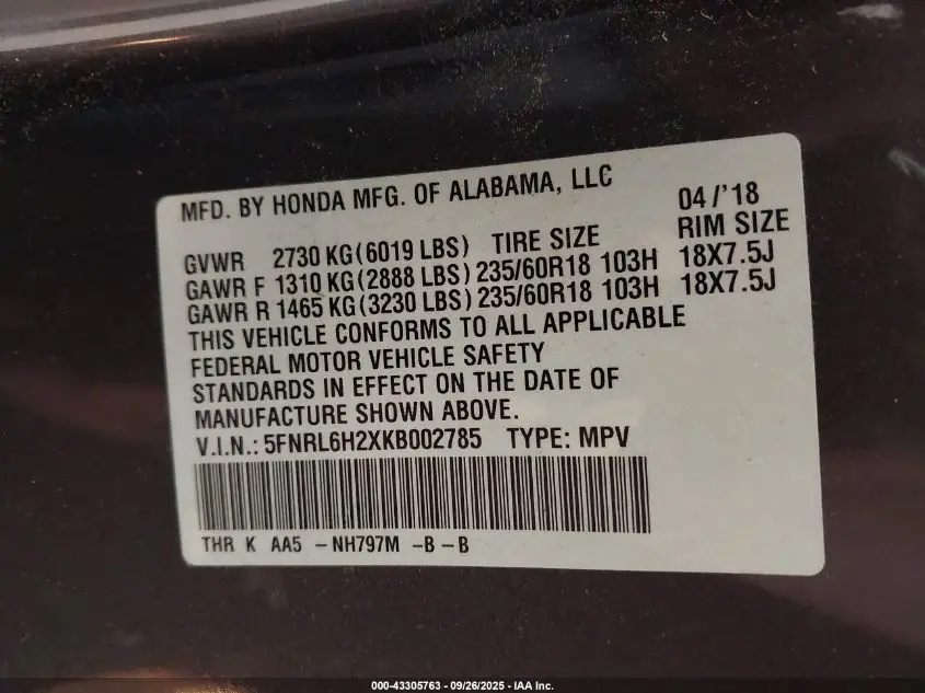 2019 HONDA ODYSSEY LX