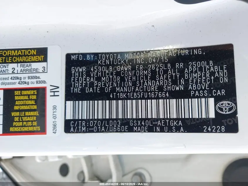 2015 TOYOTA AVALON XLE