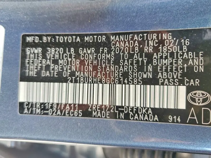 2016 TOYOTA COROLLA L  