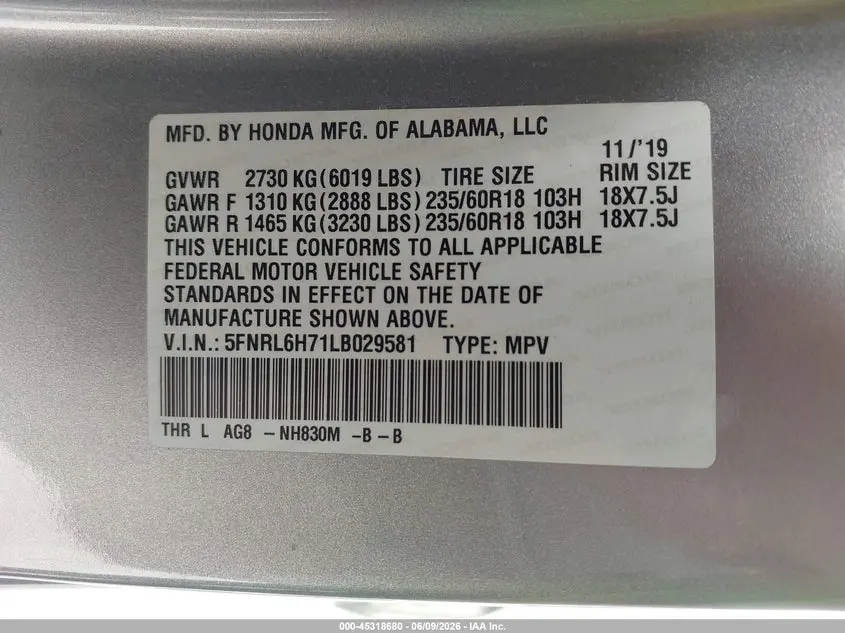 2020 HONDA ODYSSEY EX-L/EX-L W/NAVI   RES