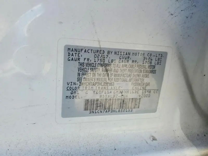 2017 NISSAN VERSA 1.6 S  