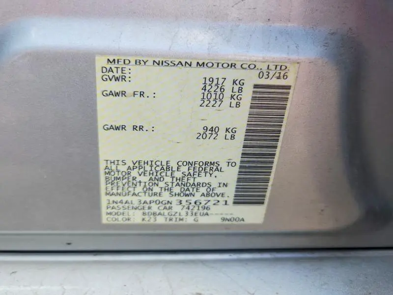 2016 NISSAN ALTIMA 2.5 S  