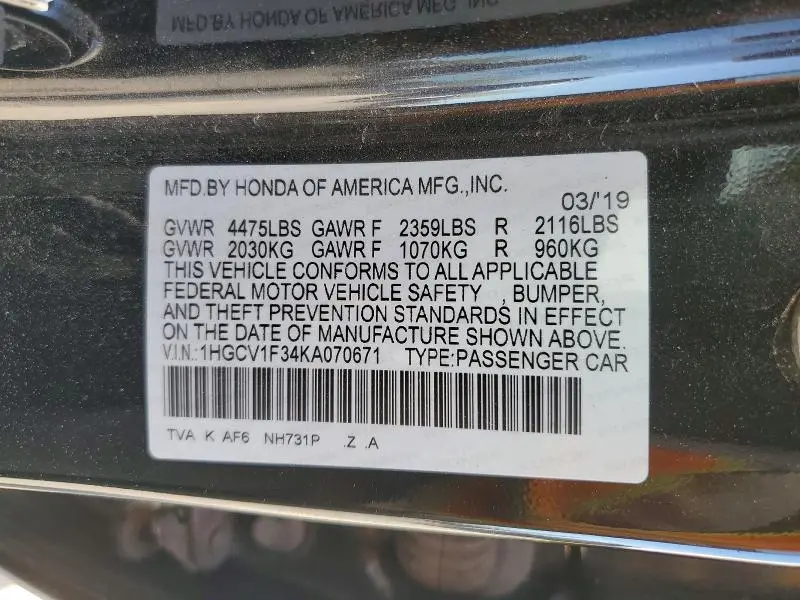 2019 HONDA ACCORD SPORT  