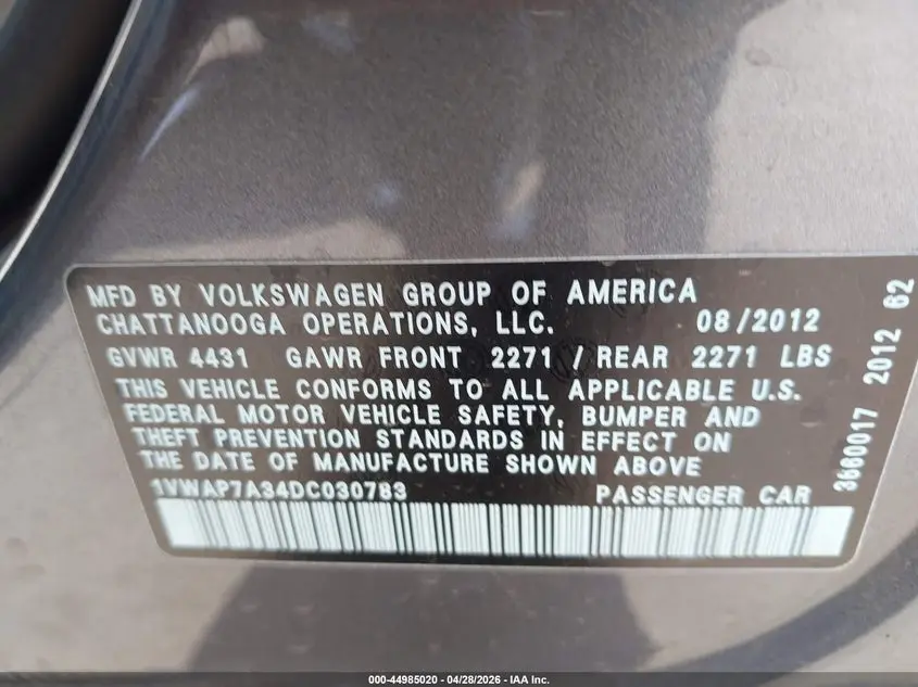 2013 VOLKSWAGEN PASSAT 2.5L S