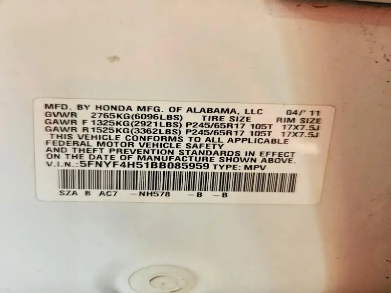 2011 HONDA PILOT EXL  