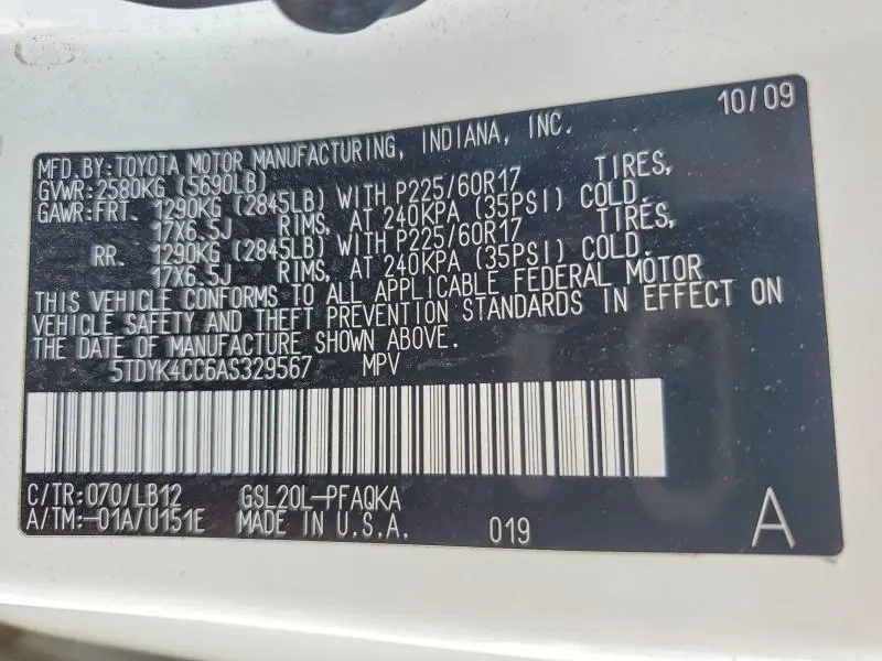 2010 TOYOTA SIENNA XLE  