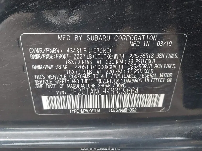 2019 SUBARU CROSSTREK 2.0I LIMITED