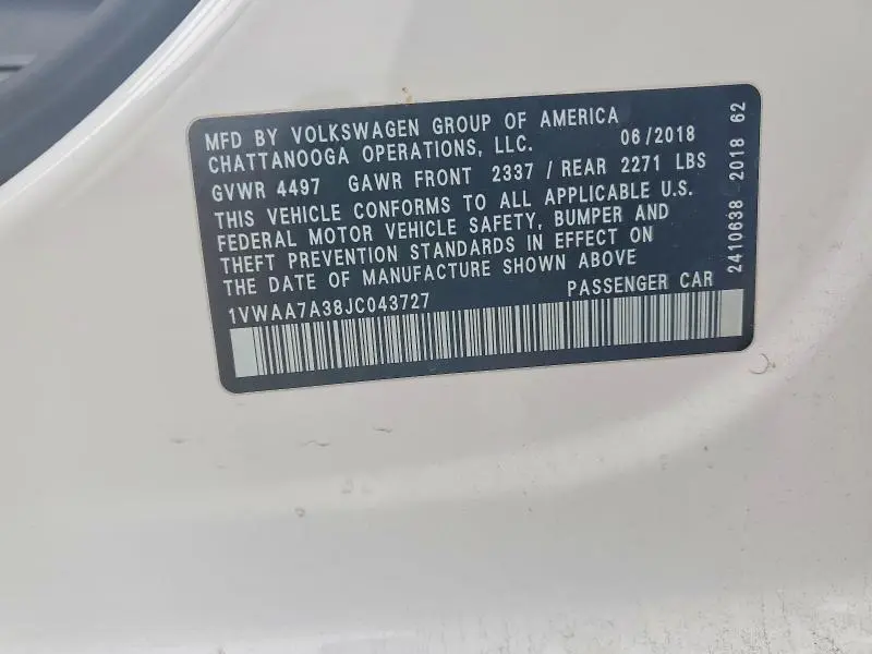 2018 VOLKSWAGEN PASSAT S  