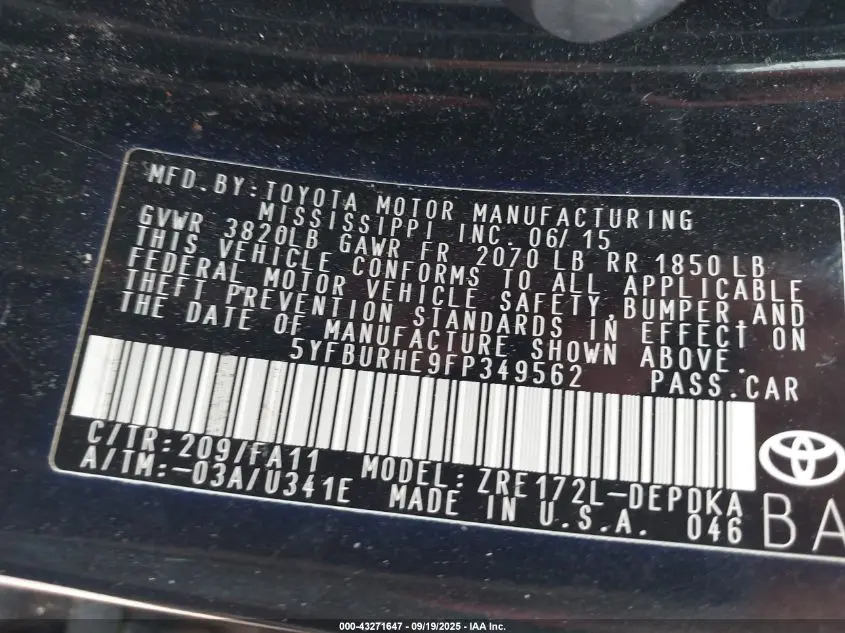 2015 TOYOTA COROLLA L