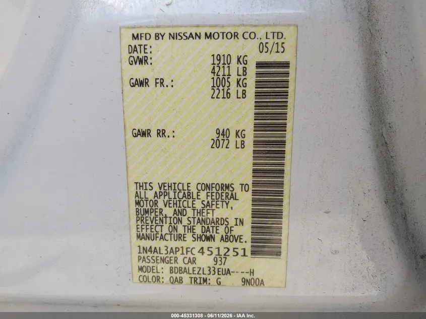2015 NISSAN ALTIMA 2.5 S