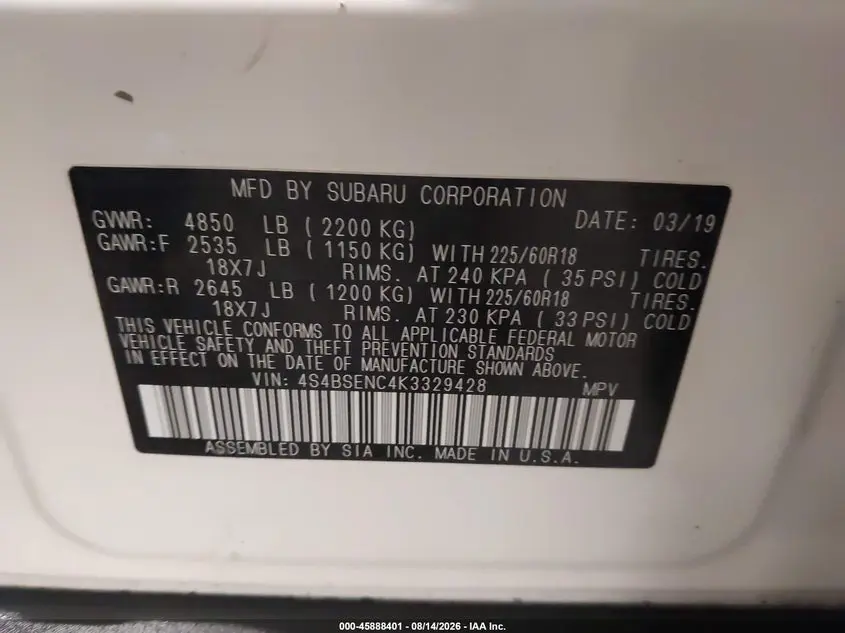 2019 SUBARU OUTBACK 3.6R LIMITED