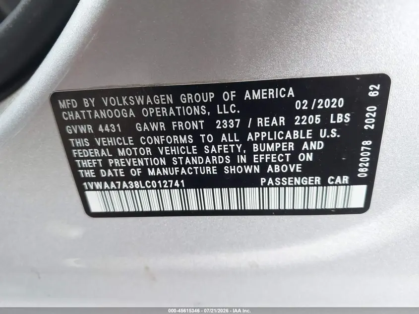 2020 VOLKSWAGEN PASSAT 2.0T S