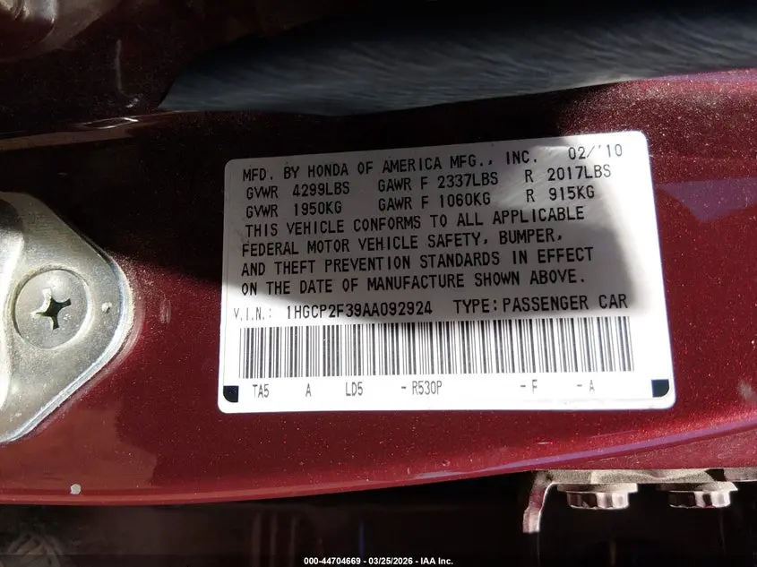 2010 HONDA ACCORD 2.4 LX