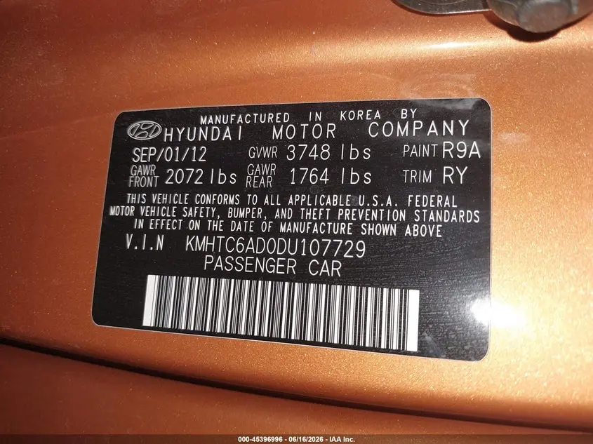 2013 HYUNDAI VELOSTER BASE W/BLACK