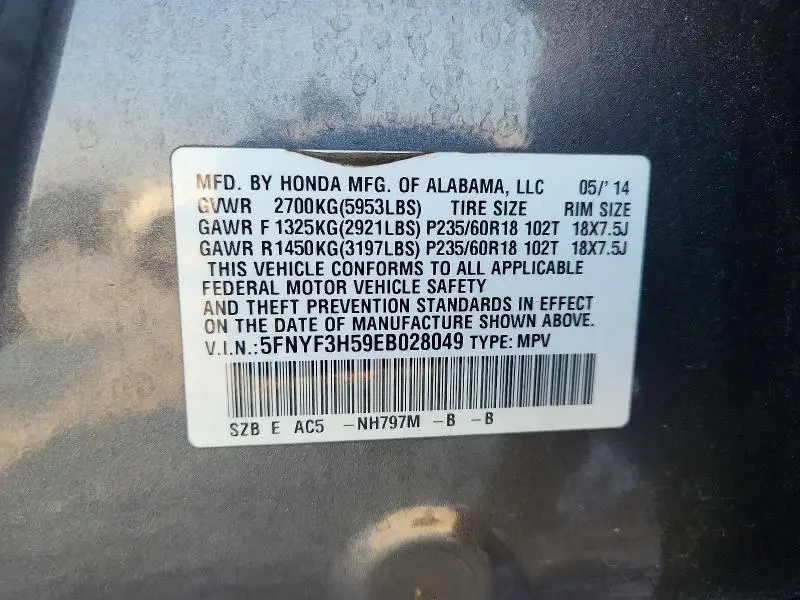2014 HONDA PILOT EXL  