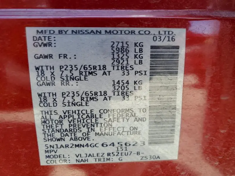 2016 NISSAN PATHFINDER SV  