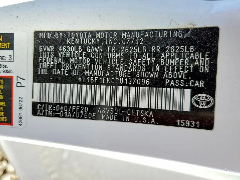 2012 TOYOTA CAMRY BASE  