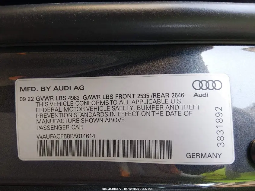 2023 AUDI A5 SPORTBACK PREMIUM PLUS 45 TFSI S LINE QUATTRO S TRONIC