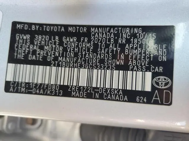 2016 TOYOTA COROLLA L  